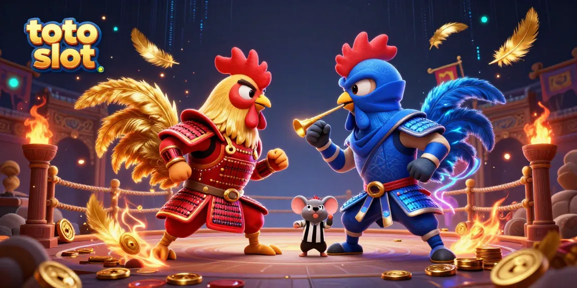 Menggunakan toto slot dengan dua ayam petarung 3D dalam pertempuran dramatis bersatu dengan koin dan bulu emas.