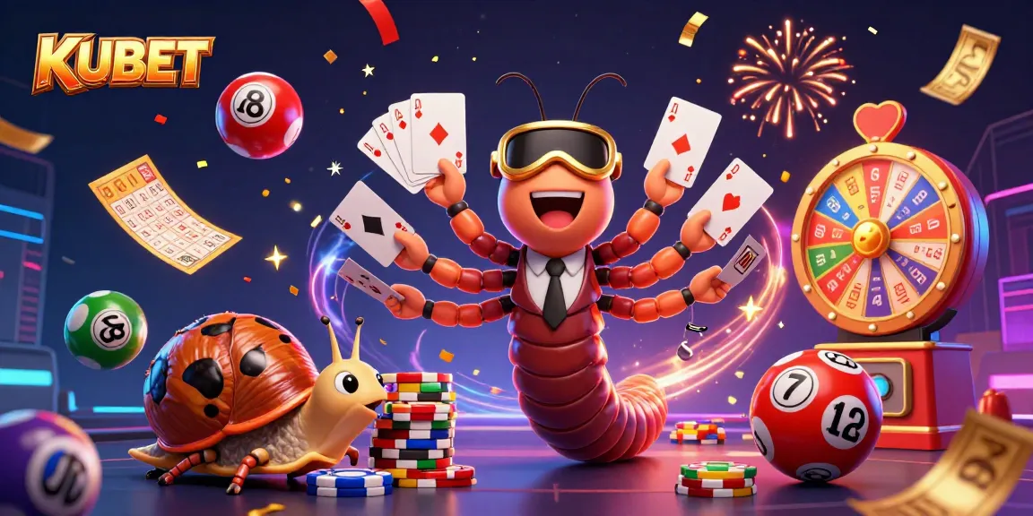 KUBET menghadirkan dealer kartun 3D dengan kepingan kartu, kerumunan bola lotre berwarna, dan suasana meriah yang menarik.