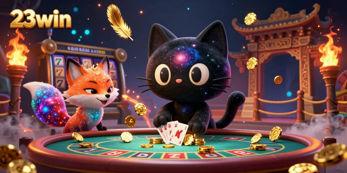 Experience the cosmic thrills of 23win with a black hole cat at a dynamic casino table.