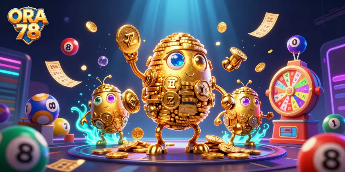 ORA 78 menampilkan golem emas yang bergerak dikelilingi bola lotere berwarna dan elemen kasino dinamis.
