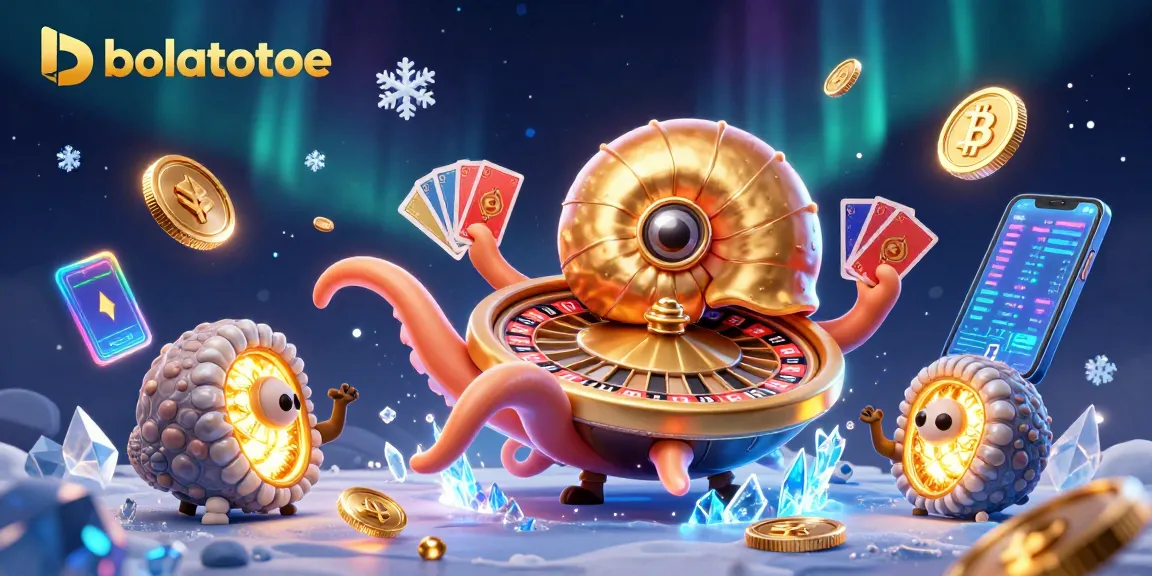 Engage with bolatotoe's immersive 3D gaming experience featuring a giant nautilus roulette wheel and vibrant crypto elements.