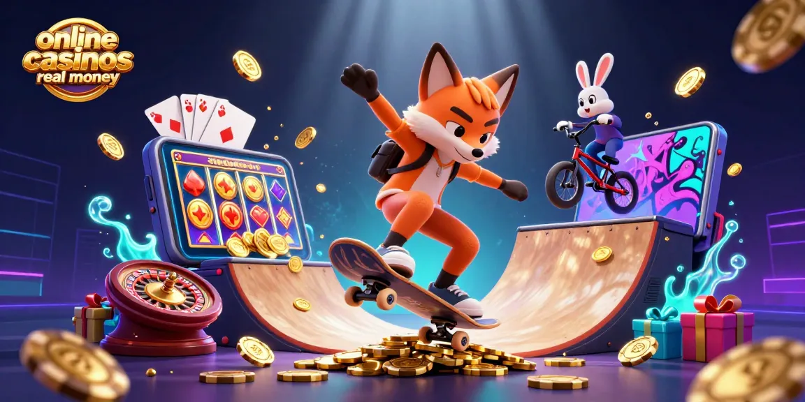 Experience thrilling action with online casinos real money featuring a skateboarder fox and BMX rabbit surrounded by casino elements.