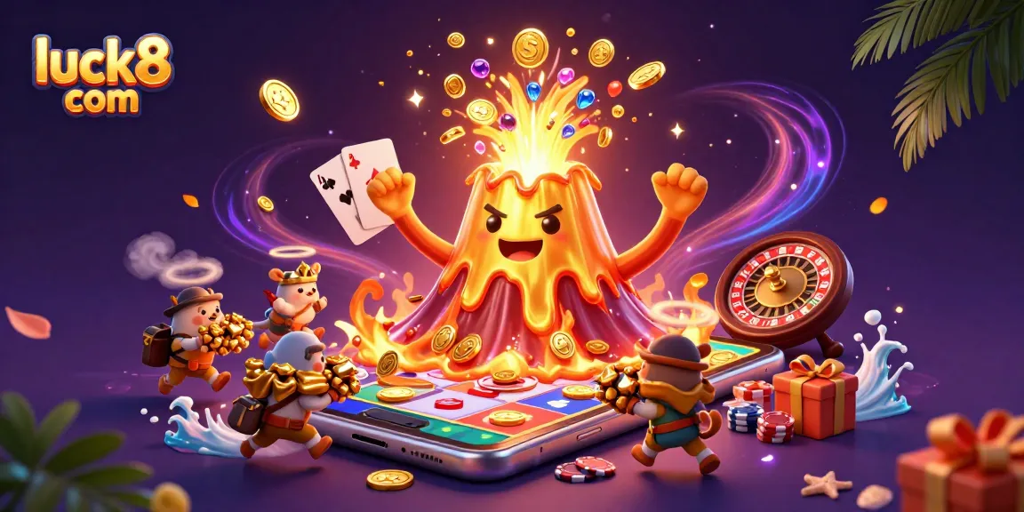 Experience excitement at luck8 com with a vibrant scene of a golden volcano, treasure, and dynamic casino elements.