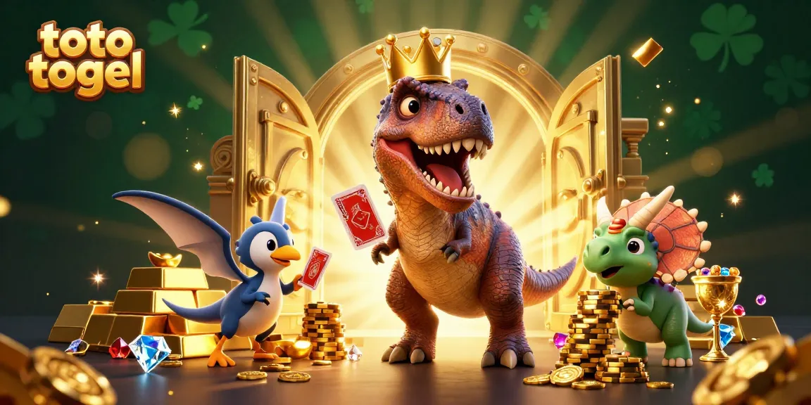 Permainan toto togel menghadirkan T-Rex, pterodactyl, dan triceratops dalam ilustrasi kasino yang megah.