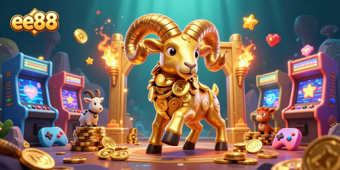Engaging illustration showcasing a golden ram charging through a casino-themed landscape with ee88 branding.