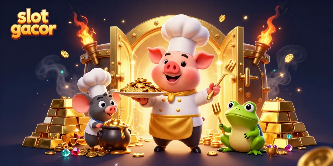 Slot gacor menghadirkan ilustrasi kasino yang ceria dengan karakter lucu dan logam mulia.