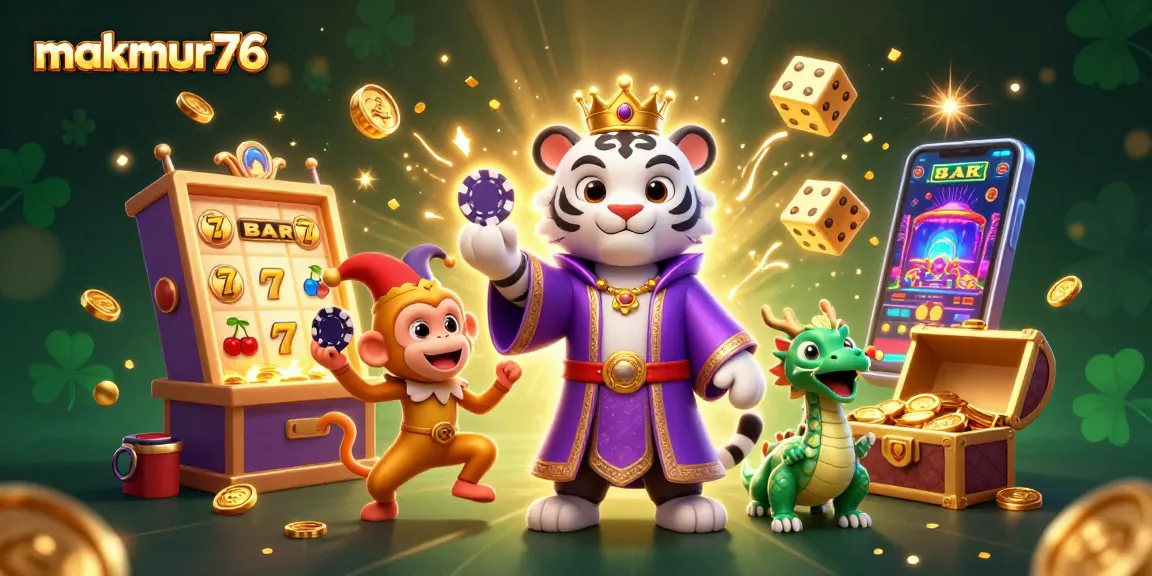 Spin to win at makmur76 with vibrant casino elements, featuring a royal tiger and golden monkey.