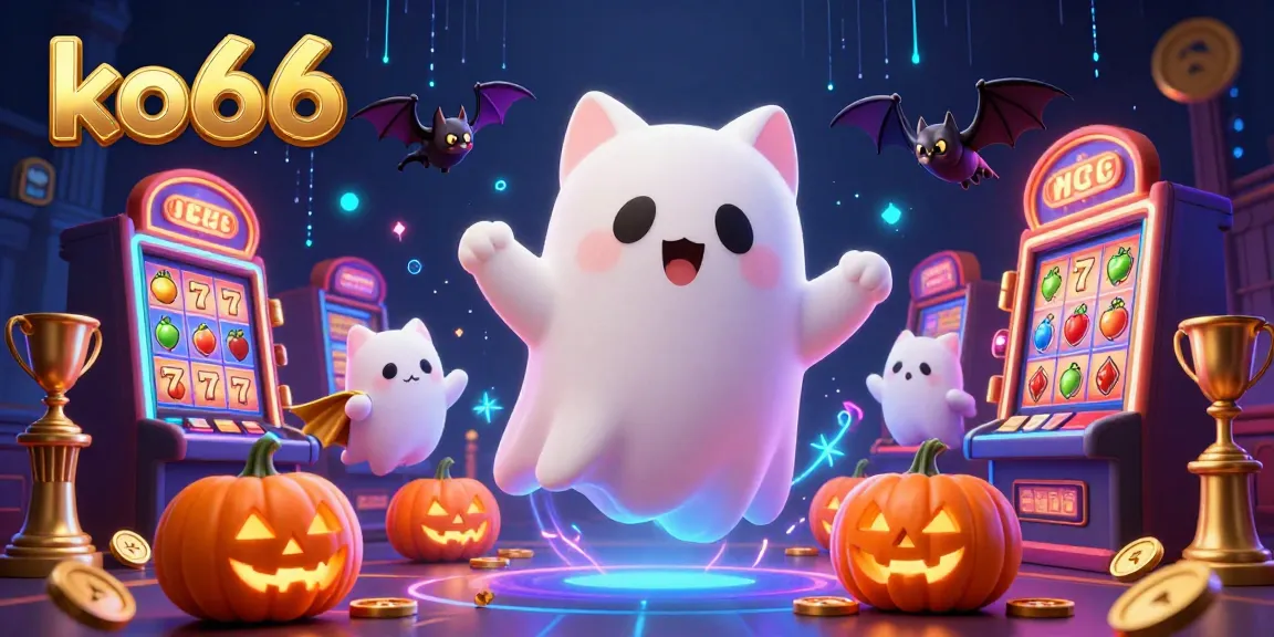Engage with ko66’s thrilling world as a ghost cat dances through a casino filled with vibrant 3D slots.