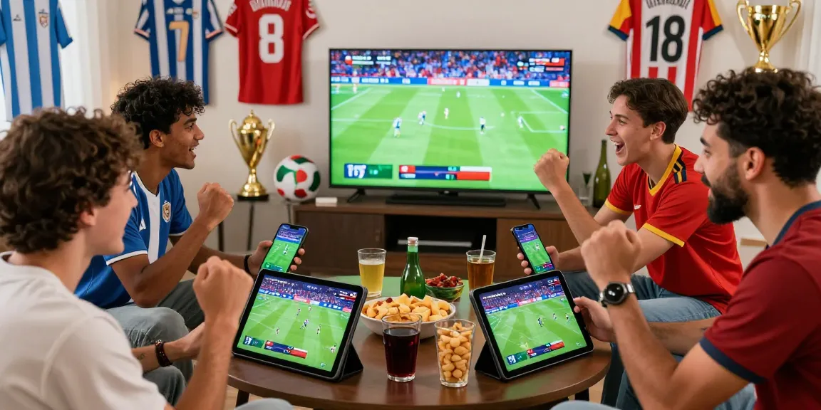 Exciting TEMPOTOTO sports betting scene with friends cheering during the 2026 World Cup.