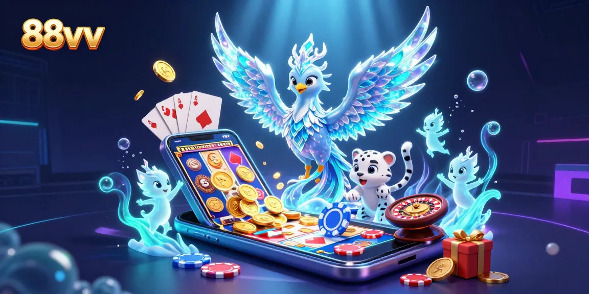 Engage with thrilling action at 88vv as an ice phoenix and playful cub illuminate a vibrant casino scene.