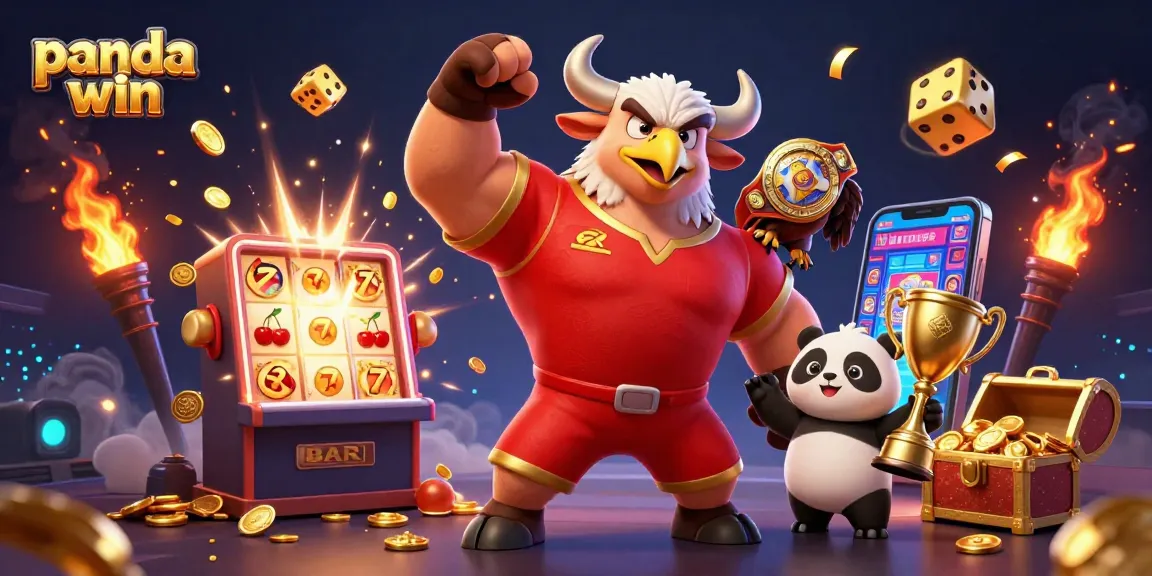 Panda win celebrates huge jackpots as a cheerful panda wins big alongside a muscular champion bull and fierce eagle.